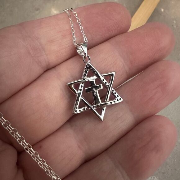 Star of David & Cross CZ Lab Opal Sterling Silver Necklace - Picture 3 of 5